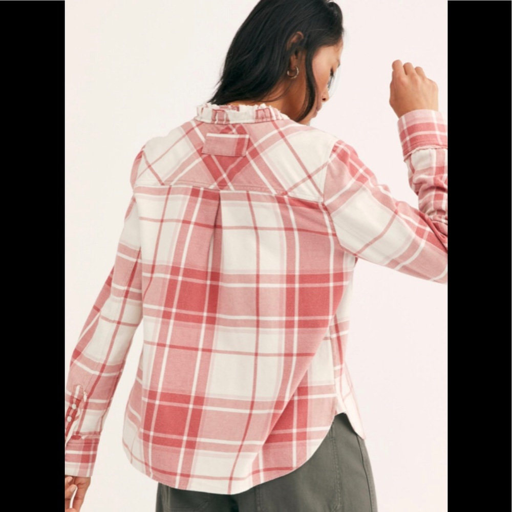 Free People Always Forever Ruffle Red Pink Plaid Flannel Top Small - Picture 2 of 12